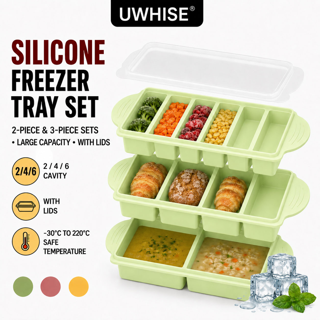 Uwhise 2/3팩 실리콘 냉동 트레이(뚜껑 포함)  - Meal Prep Template 리뷰 및 가격